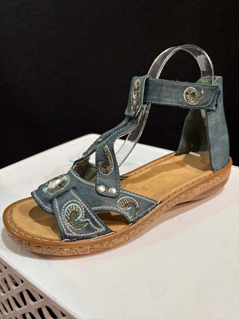 RIEKER Embellished Leather Comfort Sandal–EU 37 / US 6.5-7 – Blue Boho T-Strap